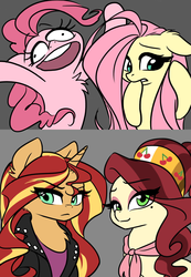 Size: 1211x1745 | Tagged: safe, artist:katputze, cherry jubilee, fluttershy, pinkie pie, sunset shimmer, pony, unicorn, g4, clothes, equestria girls outfit