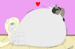 Size: 1280x832 | Tagged: safe, artist:theimmortalwolf, oc, oc only, oc:bon appe'tit, oc:shawn, draconequus, belly bed, bellyrubs, fat, impossibly large belly, obese, sequence, stuffed, stuffing