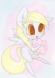 Size: 1075x1518 | Tagged: safe, artist:zokkili, derpy hooves, pegasus, pony, g4, colored eyelashes, female, mare, muffin, solo