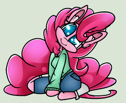 Size: 1024x836 | Tagged: dead source, safe, artist:madacon, artist:sb-emmitheponyartist, edit, pinkie pie, anthro, unguligrade anthro, g4, clothes, female, shorts, simple background, socks, solo, sweater, trace