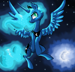 Size: 800x768 | Tagged: safe, artist:nicothemintyrabbit, princess luna, g4, ear fluff, female, flying, moon, solo