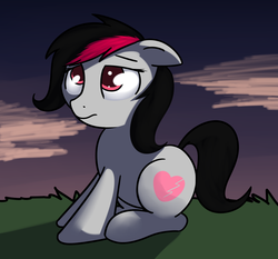 Size: 2087x1941 | Tagged: safe, artist:neuro, oc, oc only, oc:miss eri, black and red mane, black tail, emo, female, floppy ears, mare, sitting, solo, tail, two toned mane
