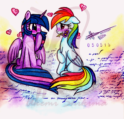 Size: 1200x1150 | Tagged: safe, artist:shikimaakemi, rainbow dash, twilight sparkle, alicorn, pony, g4, blushing, female, flower, heart, lesbian, mare, obtrusive watermark, ship:twidash, shipping, story included, twilight sparkle (alicorn), violet (flower), watermark