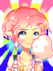 Size: 2480x3307 | Tagged: safe, artist:lorrainiaful, pinkie pie, human, g4, abstract background, alternate hairstyle, blushing, bust, cotton candy, female, food, high res, humanized, looking at you, messy eating, solo, suspenders