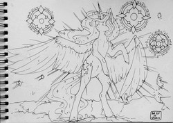Size: 1280x905 | Tagged: safe, artist:dagmell, princess luna, pony, g4, bipedal, eyes closed, female, lineart, magic, monochrome, solo, stained glass, traditional art