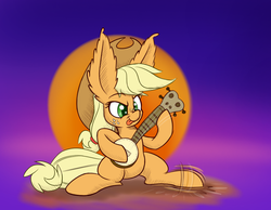 Size: 900x700 | Tagged: safe, artist:heir-of-rick, applejack, daily apple pony, g4, :p, banjo, ear fluff, impossibly large ears, musical instrument, tapping, tongue out
