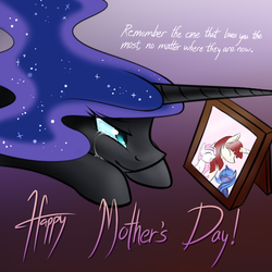 Size: 750x750 | Tagged: safe, artist:cosmalumi, nightmare moon, princess celestia, princess luna, oc, oc:fausticorn, tumblr:ask queen moon, g4, cewestia, crying, cute, filly, mother's day, prone, solo, woona