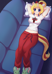 Size: 500x706 | Tagged: safe, artist:meltyvixen, oc, oc only, oc:fantasy incantation, anthro, ambiguous facial structure, anthro oc, belly button, bunny slippers, clothes, commission, couch, midriff, on back, pants, relaxing, slippers, solo, sweatpants
