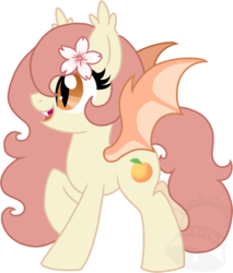 Size: 596x700 | Tagged: safe, artist:tambelon, oc, oc only, oc:peach blossom, bat pony, pony, cute, lightly watermarked, solo, watermark