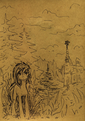 Size: 1437x2036 | Tagged: safe, artist:koviry, oc, oc only, oc:sandy vain, monochrome, sketch, spruce tree, traditional art, tree