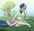 Size: 2038x1881 | Tagged: safe, artist:sevenowait, bon bon, lyra heartstrings, sweetie drops, human, g4, barefoot, clothes, clothes swap, cuddling, dress, feet, female, grass, humanized, lesbian, on back, open mouth, petting, ship:lyrabon, shipping, sitting, smiling, snuggling