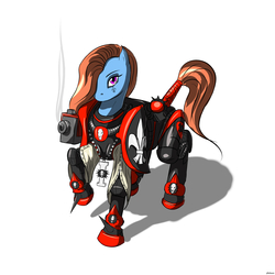 Size: 1600x1600 | Tagged: artist needed, safe, oc, oc only, earth pony, pony, adepta sororitas, armor, bolter, female, hair over one eye, mare, power armor, raised hoof, smoking gun, solo, tail wrap, warhammer (game), warhammer 40k