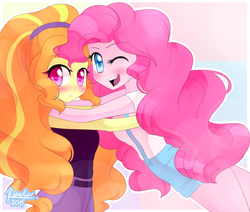 Size: 1279x1087 | Tagged: safe, artist:riouku, adagio dazzle, pinkie pie, equestria girls, g4, adaginkie, blushing, cute, female, hug, lesbian, looking at you, open mouth, ship:dazzlepie, shipping, wink