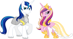 Size: 2700x1450 | Tagged: safe, artist:equestria-prevails, princess cadance, shining armor, pony, g4, season 2, armor, artifact, bedroom eyes, clothes, dress, duo, female, frown, glare, jewelry, looking at you, male, mare, raised hoof, regalia, simple background, smiling, stallion, transparent background, vector