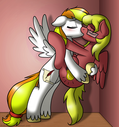 Size: 1024x1089 | Tagged: safe, artist:drako1997, oc, oc only, oc:drako, oc:dusty scroll, pegasus, pony, against wall, blushing, duo, gay, holding, kiss on the lips, kissing, male, oc x oc, shipping