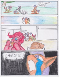 Size: 2550x3300 | Tagged: safe, artist:streled, apple bloom, pinkie pie, scootaloo, sweetie belle, chicken, earth pony, pegasus, pony, unicorn, g4, comic, crying, female, filly, french, meat, ponies eating meat, scootachicken, traditional art