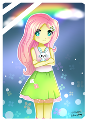 Size: 500x700 | Tagged: safe, artist:korollnap, angel bunny, fluttershy, equestria girls, g4, clothes, female, skirt, solo, tank top