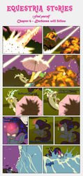 Size: 1919x4015 | Tagged: safe, artist:estories, discord, oc, oc:penumbra, alicorn, draconequus, pony, comic:find yourself, g4, alicorn oc, blank flank, comic, crystal, crystal horn, energy blast, explosion, glowing, glowing eyes, glowing horn, horn, umbrella, water, wave