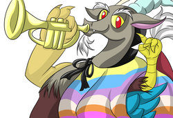 Size: 1024x700 | Tagged: safe, artist:fourze-pony, discord, g4, clothes, disqord, male, musical instrument, poncho, solo, trumpet, voice actor joke