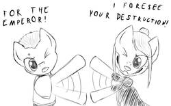 Size: 3000x1854 | Tagged: safe, artist:gvimblade, eldar, monochrome, ponified, power armor, silly, sissy slap fight, space marine, warhammer (game), warhammer 40k