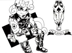 Size: 604x450 | Tagged: dead source, safe, artist:karakylia, anthro, clothes, monochrome, skull, solo, uniform