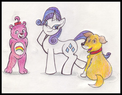 Size: 727x570 | Tagged: safe, artist:rdk, rarity, bear, dog, pony, unicorn, g4, care bears, martha speaks, tabitha st. germain, traditional art, voice actor, voice actor joke