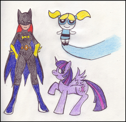 Size: 569x550 | Tagged: safe, artist:rdk, twilight sparkle, alicorn, pony, g4, batgirl, female, mare, tara strong, the powerpuff girls, traditional art, twilight sparkle (alicorn), voice actor, voice actor joke