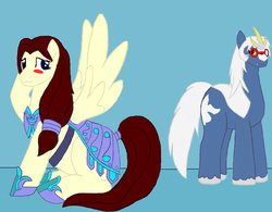 Size: 1012x789 | Tagged: safe, artist:zeroviks, oc, oc:blade dancer, kaiju pony, pegasus, pony, fanfic:the bridge, bladenilla, blue background, blushing, crossover, duo, female, glasses, godzilla (series), horn, male, mare, ponified, shipping, simple background, spacegodzilla, stallion, tricorn, xenilla