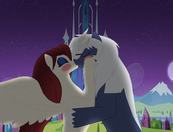 Size: 1022x782 | Tagged: safe, artist:pyrus-leonidas, oc, oc:blade dancer, pegasus, pony, fanfic:the bridge, bladenilla, blushing, crossover, crystal castle, crystal empire, duo, eyes closed, eyeshadow, female, godzilla (series), horn, kissing, makeup, male, mare, shipping, spacegodzilla, spread wings, stallion, tricorn, wings, xenilla