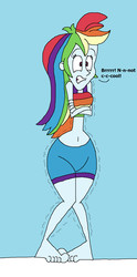 Size: 955x1929 | Tagged: safe, artist:hunterxcolleen, rainbow dash, equestria girls, g4, belly button, bikini, bikini top, clothes, cold, feet, freezing, freezing fetish, humanized, shivering, shorts, snow, swimsuit, talking