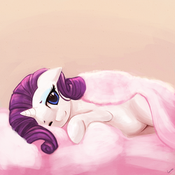 Size: 750x750 | Tagged: safe, alternate version, artist:lumineko, rarity, pony, unicorn, g4, cute, female, floppy ears, hind legs, legs together, looking at you, on side, one eye closed, raribetes, smiling, snuggling, solo