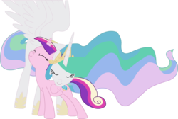 Size: 923x621 | Tagged: safe, artist:flikaline, princess cadance, princess celestia, g4, catdance, cute, duo, eyes closed, hug, momlestia, neck hug, simple background, smiling, spread wings, teen princess cadance, transparent background, vector, younger