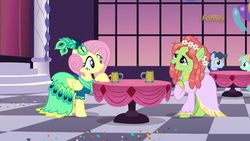 Size: 636x358 | Tagged: safe, screencap, fluttershy, lyra heartstrings, tree hugger, earth pony, pegasus, pony, unicorn, g4, make new friends but keep discord, season 5, alternate hairstyle, clothes, discovery family, discovery family logo, dress, female, gala dress, logo, mare