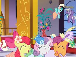 Size: 471x354 | Tagged: safe, screencap, apple bloom, eclair créme, fine line, maxie, north star, scootaloo, silver script, spring melody, sprinkle medley, sweetie belle, g4, make new friends but keep discord, cropped, cutie mark crusaders, this will end in tears and/or death and/or covered in tree sap
