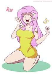 Size: 2952x4133 | Tagged: safe, artist:vesmirart, fluttershy, human, g4, ^^, eyes closed, female, humanized, open mouth, open smile, smiling, solo