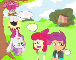 Size: 3784x2976 | Tagged: safe, artist:tagman007, apple bloom, scootaloo, sweetie belle, equestria girls, g4, clothes, cutie mark crusaders, denied, edits in comments, hanging, high res, hung upside down, shorts, skirt, skirt flip, snare trap, stupidity, sweetiedumb, upside down