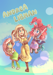 Size: 2893x4092 | Tagged: safe, artist:gamerspax, artist:sony-shock, fluttershy, pinkie pie, equestria girls, g4, andrea libman, clothes, heart, jumping, voice actor, voice actor joke