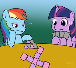 Size: 1000x892 | Tagged: safe, artist:phallen1, rainbow dash, twilight sparkle, alicorn, pony, twilight sparkle's secret shipfic folder, g4, 30 minute art challenge, bored, female, house of cards, mare, playing card, sweat, twilight sparkle (alicorn)