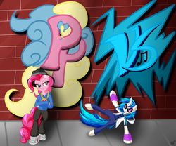 Size: 3000x2500 | Tagged: safe, artist:novaspark, dj pon-3, pinkie pie, vinyl scratch, g4, breakdancing, clothes, graffiti, high res, hip hop, rapper pie, sunglasses