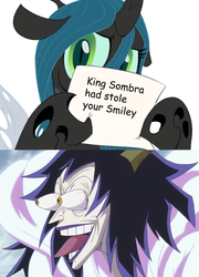 Size: 799x1107 | Tagged: safe, king sombra, queen chrysalis, g4, caesar clown, chrysalis' note, exploitable meme, faic, meme, one piece, paper, sign, smiley