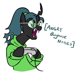 Size: 600x600 | Tagged: safe, artist:jargon scott, queen chrysalis, changeling, changeling queen, g4, angry, angry horse noises, clothes, controller, descriptive noise, dork, dorkalis, fangs, female, gamer chrysalis, glasses, high ponytail, horse noises, meme, ponytail, simple background, snes controller, solo, sweater, white background