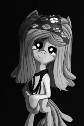 Size: 2400x3600 | Tagged: safe, artist:aaronmk, tree hugger, earth pony, pony, g4, make new friends but keep discord, beads, bipedal, grayscale, high res, lidded eyes, looking at you, monochrome, simple background, solo, that was fast