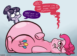 Size: 1100x800 | Tagged: safe, artist:paupoepic, pinkie pie, sugar belle, g4, the cutie map, belly, equalized, fat, obese, piggy pie, pudgy pie, stuffed