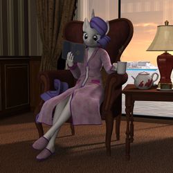 Size: 3000x3000 | Tagged: safe, artist:tahublade7, rarity, anthro, plantigrade anthro, g4, 3d, book, bra, cabin, chair, clothes, cruise ship, daz studio, female, high res, morning, ocean, pajamas, panties, polka dot underwear, purple underwear, reading, robe, slippers, solo, sunrise, tea, underwear