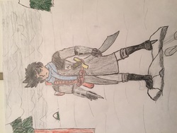 Size: 3264x2448 | Tagged: artist needed, safe, oc, oc only, oc:dark wind, human, assassin, clothes, crossbow, hidden blade, high res, humanized, humanized oc, scarf, snow, sword, traditional art, trenchcoat, weapon