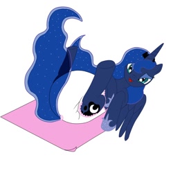 Size: 1280x1280 | Tagged: safe, artist:lillilly, princess luna, g4, changing mat, diaper, female, looking at you, non-baby in diaper, on back, poofy diaper, smiling, solo, super crinkle pony adventure 64