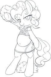 Size: 660x984 | Tagged: safe, artist:mcsadat, pinkie pie, earth pony, pony, g4, bedroom eyes, belly button, belly piercing, bellyring, bipedal, bra on pony, cheerleader, chubby, clothes, female, grayscale, looking at you, midriff, monochrome, piercing, plump, skirt, solo, sports bra, uniform