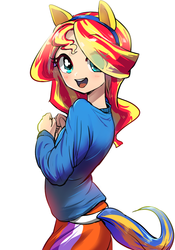 Size: 700x1000 | Tagged: safe, artist:quizia, sunset shimmer, human, equestria girls, g4, blushing, clothes, cute, eye clipping through hair, female, hair over one eye, hnnng, humanized, looking at you, open mouth, pony ears, quizia is trying to murder us, shimmerbetes, simple background, skirt, solo, sweater, white background, wondercolts
