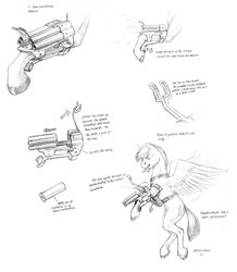 Size: 1024x1176 | Tagged: safe, artist:baron engel, oc, oc only, oc:thunderstruck, pegasus, pony, ergonomics, grayscale, gun, male, monochrome, pencil drawing, sketch, solo, stallion, technical drawing, traditional art