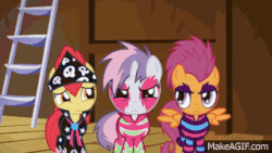 Size: 320x180 | Tagged: safe, edit, edited screencap, screencap, apple bloom, scootaloo, sweetie belle, g4, the show stoppers, alternate hairstyle, animated, caption, clothes, confused, costume, cutie mark crusaders, female, filly, gif with captions, looking at you, loop, no, rocker, show stopper outfits, sweetie belle is not amused, talent show, trio, unamused, wat
